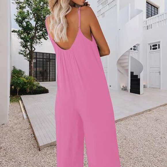 Womens Casual Loose Sleeveless Jumpsuit Spaghetti Strap Stretchy Wide Leg - Picture 3 of 8